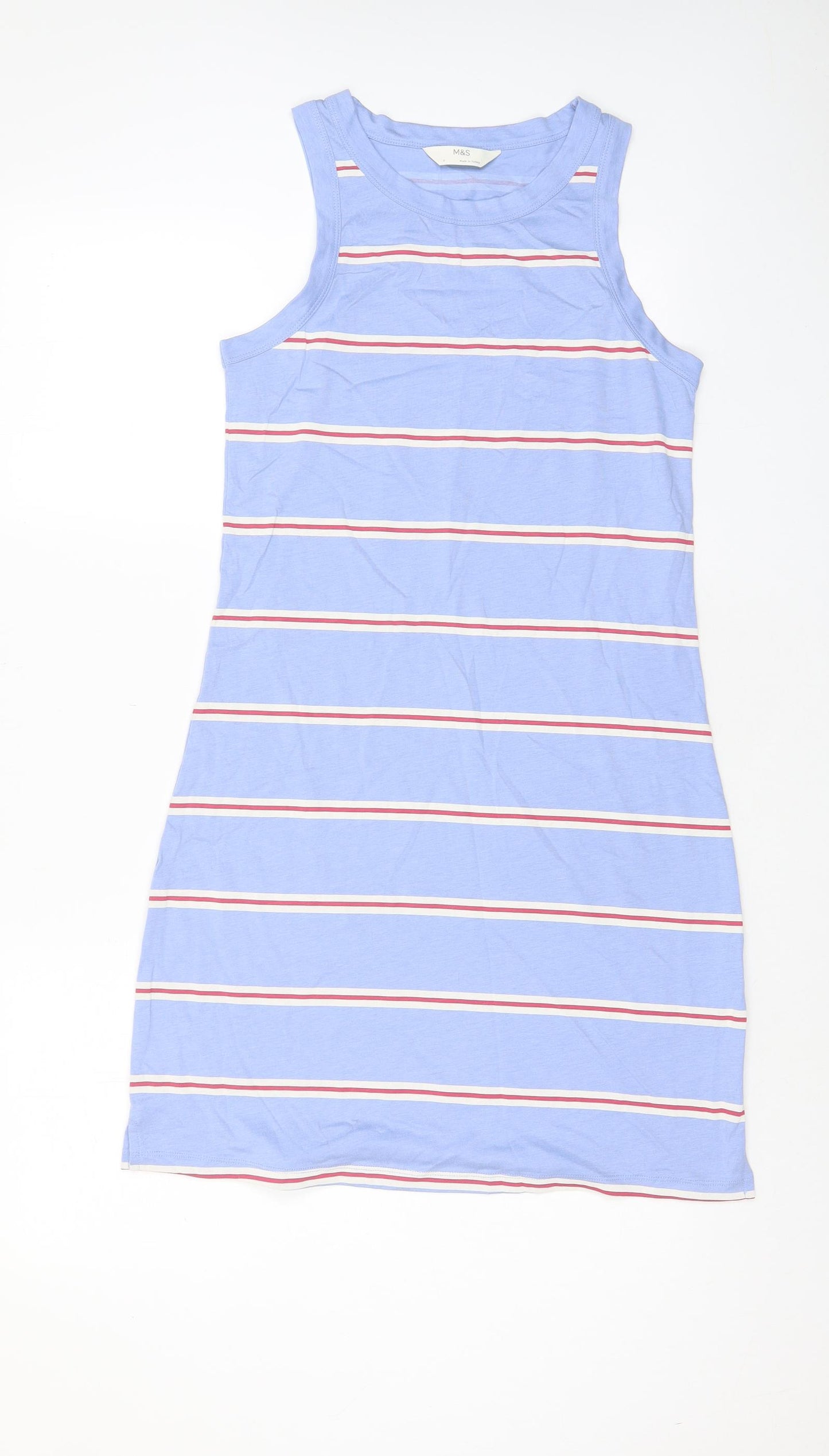 Marks and Spencer Womens Blue Striped Cotton Tank Dress Size S Crew Neck Pullover