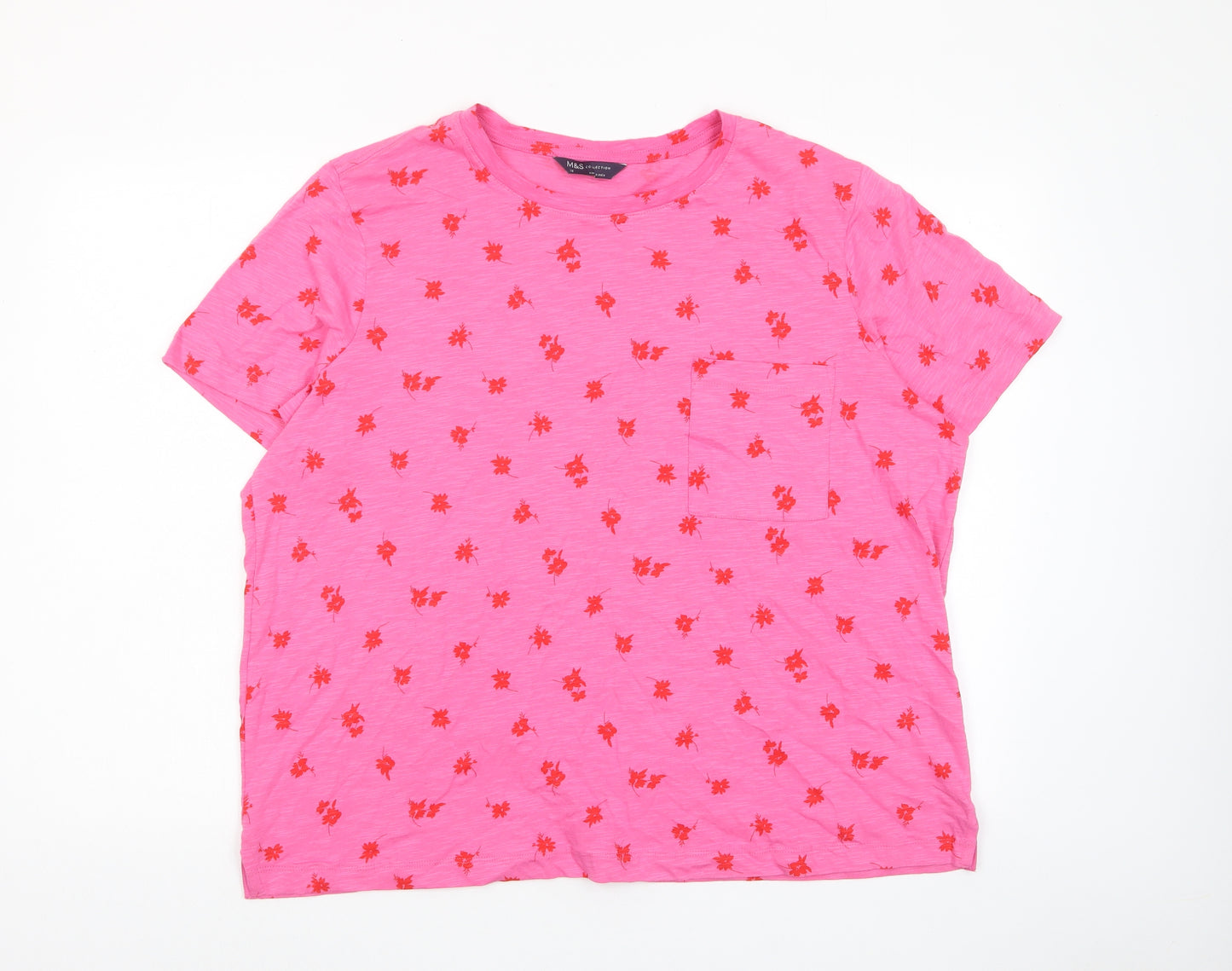 Marks and Spencer Womens Pink Geometric Cotton Basic T-Shirt Size 18 Crew Neck