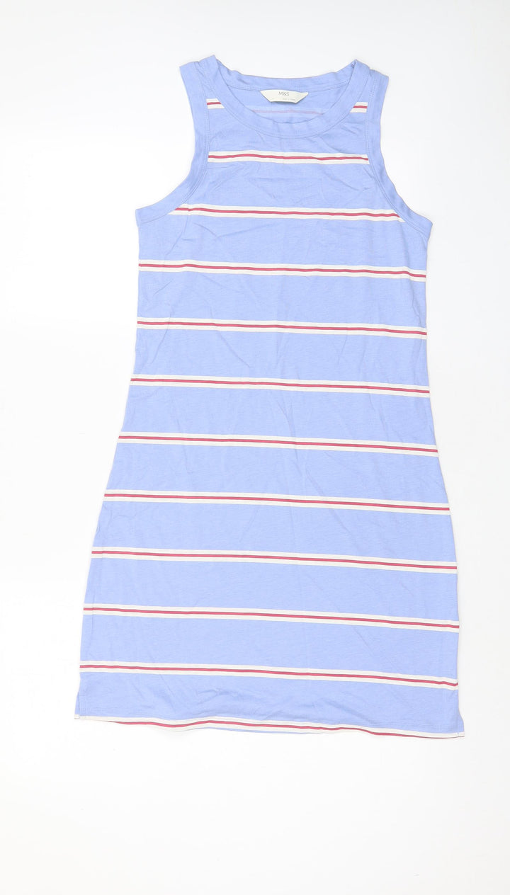 Marks and Spencer Womens Blue Striped Cotton Tank Dress Size S Crew Neck Pullover