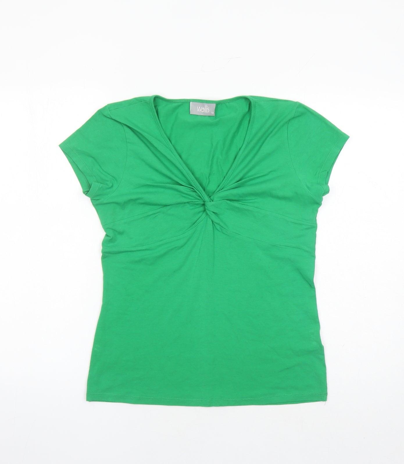 Wallis Womens Green Cotton Basic T-Shirt Size 12 V-Neck - Knot Front Detail