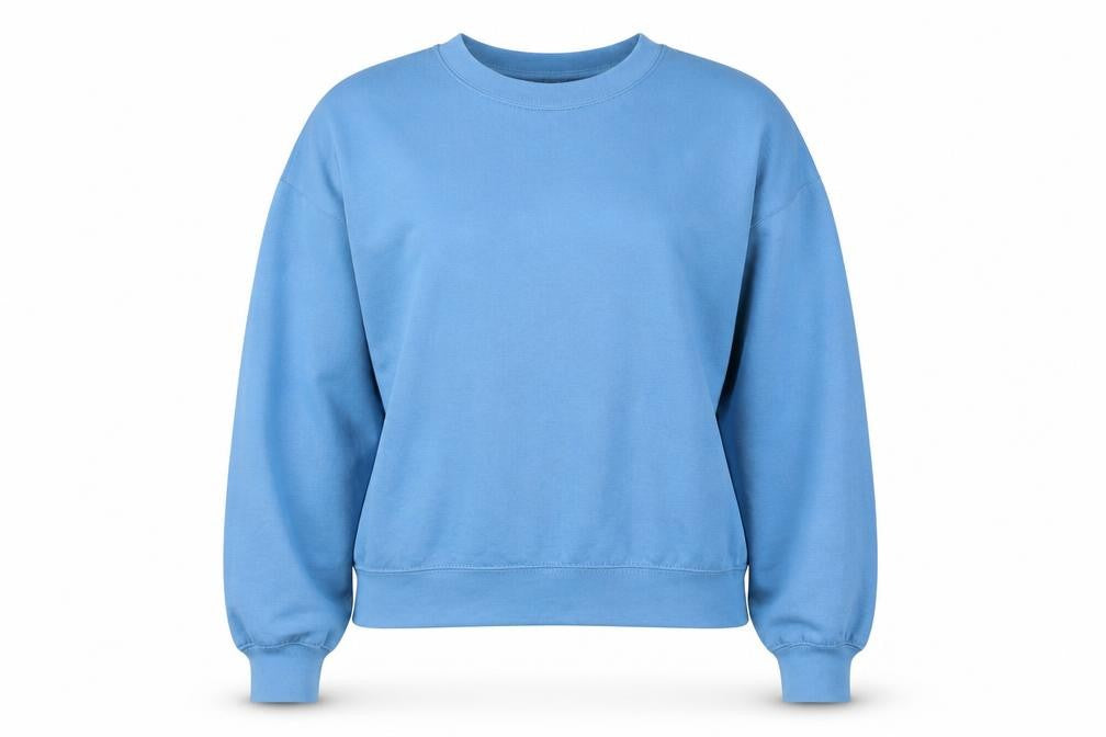 Front view of Zara women’s blue polyester pullover sweatshirt, size L, pullover