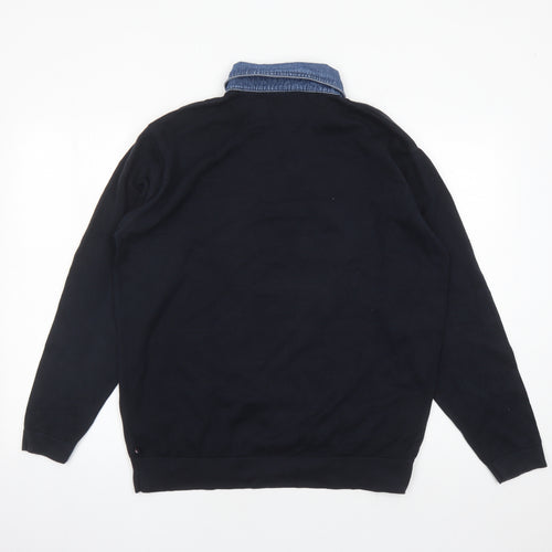 Blue Harbour Mens Blue Collared Cotton Pullover Jumper Size L Long Sleeve