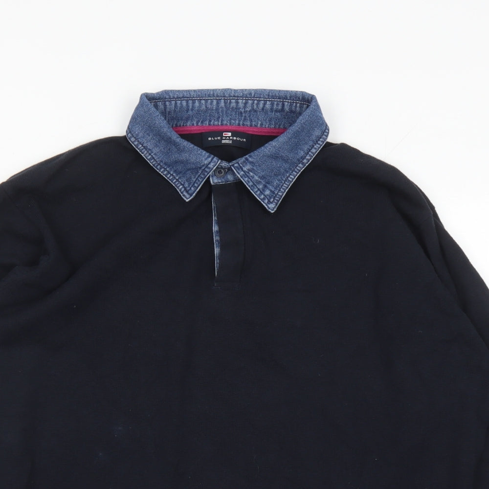 Blue Harbour Mens Blue Collared Cotton Pullover Jumper Size L Long Sleeve