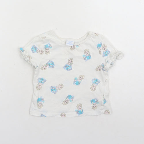 Disney Girls White Geometric 100% Cotton Basic T-Shirt Size 2-3 Years Round Neck Pullover - Frozen Elsa