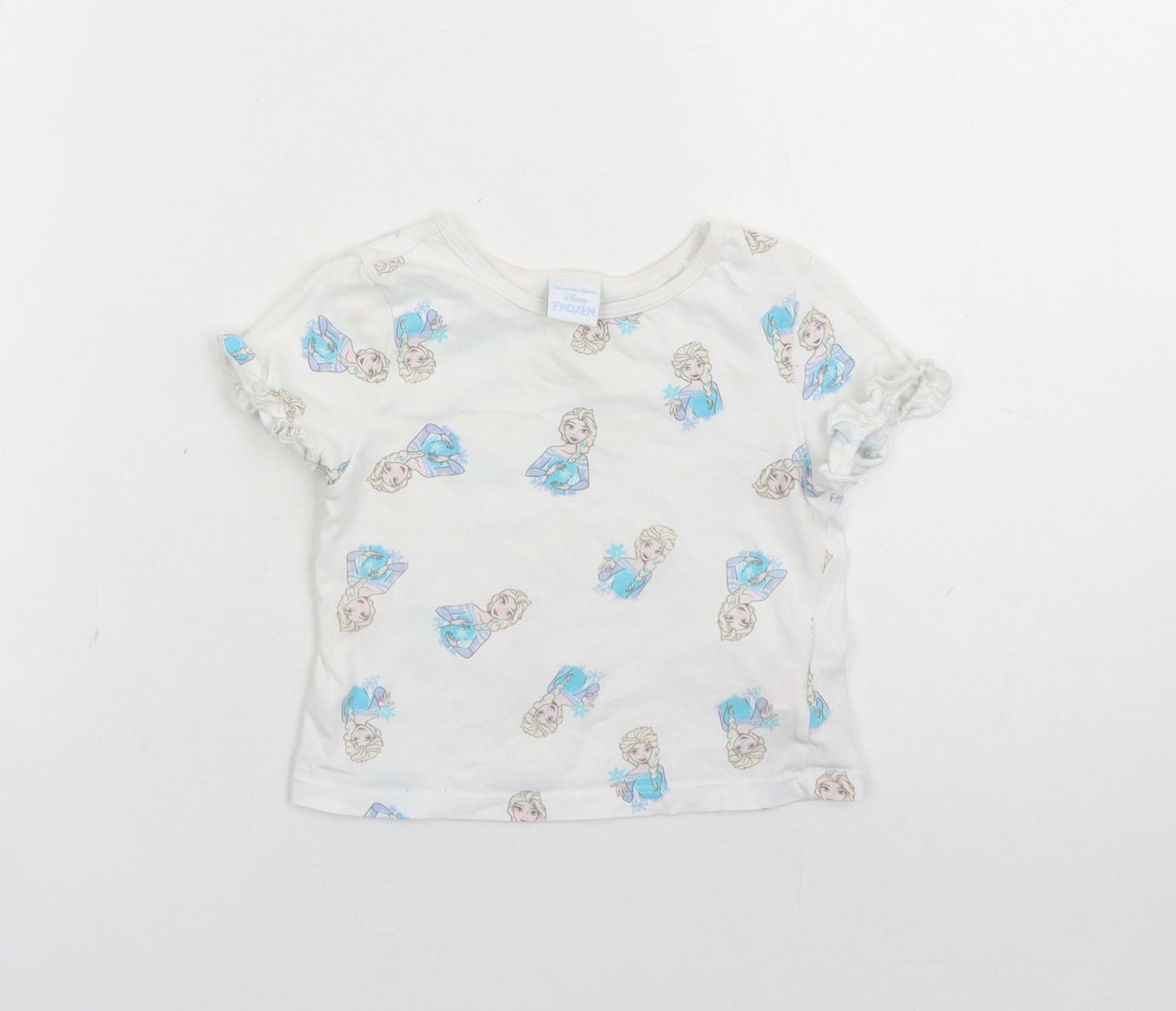 Disney Girls White Geometric 100% Cotton Basic T-Shirt Size 2-3 Years Round Neck Pullover - Frozen Elsa