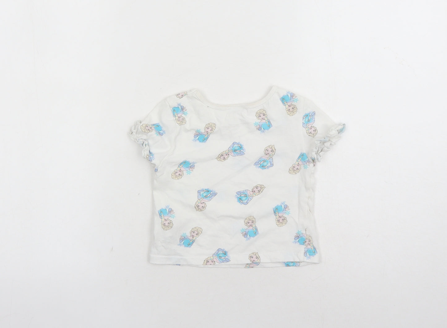 Disney Girls White Geometric 100% Cotton Basic T-Shirt Size 2-3 Years Round Neck Pullover - Frozen Elsa