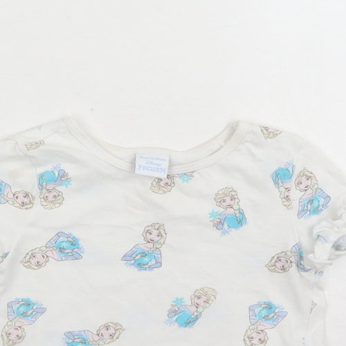 Disney Girls White Geometric 100% Cotton Basic T-Shirt Size 2-3 Years Round Neck Pullover - Frozen Elsa