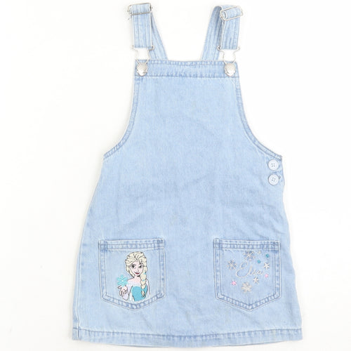 Disney Girls Blue Cotton Pinafore/Dungaree Dress Size 2-3 Years Square Neck Button - Frozen Elsa
