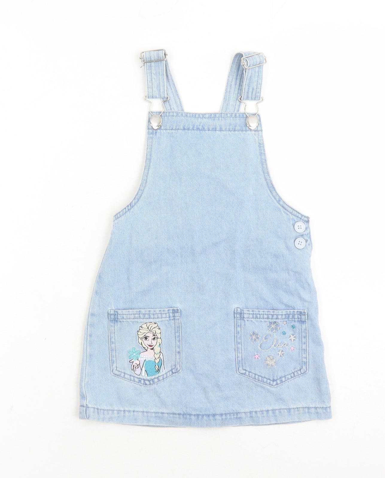 Disney Girls Blue Cotton Pinafore/Dungaree Dress Size 2-3 Years Square Neck Button - Frozen Elsa