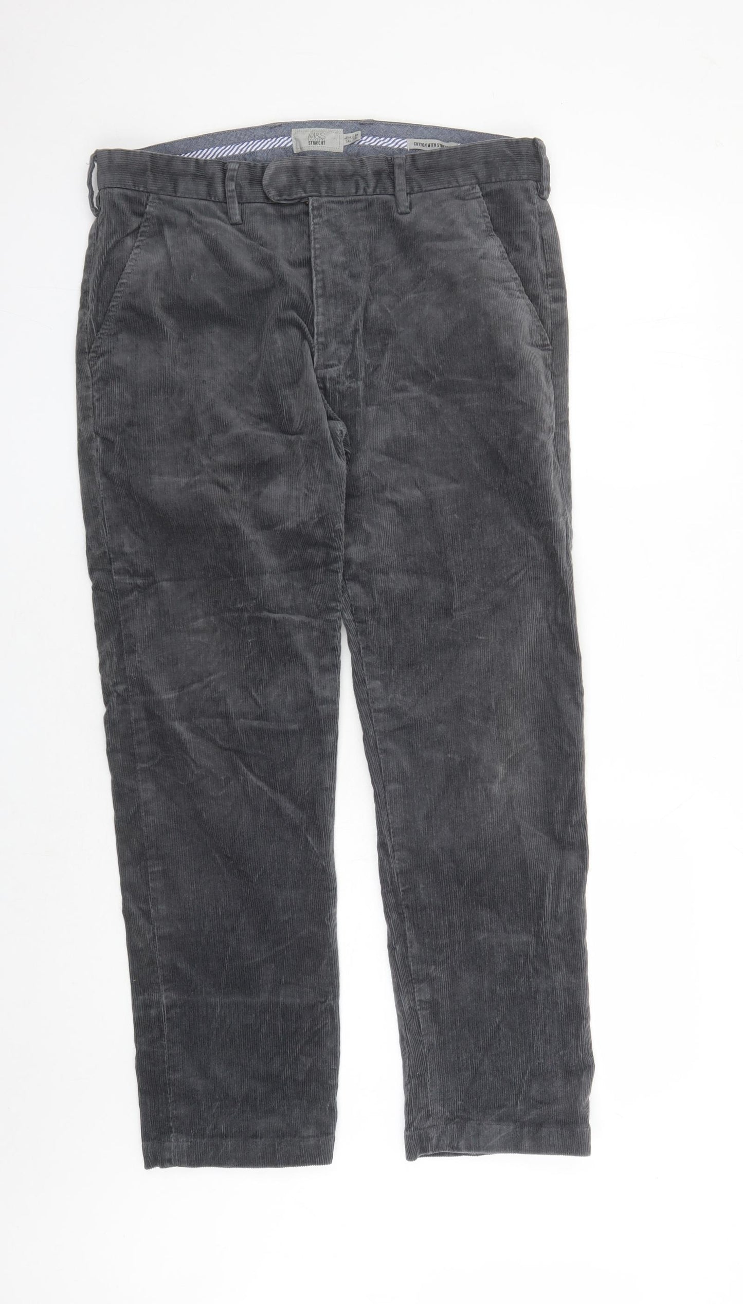Marks and Spencer Mens Grey Cotton Trousers Size 34 in L29 in Regular Zip - Pockets