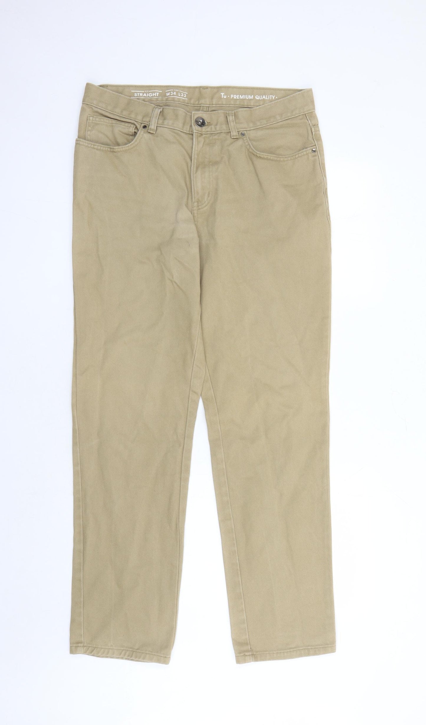 TU Mens Brown Cotton Straight Jeans Size 34 in L32 in Regular Zip - Pockets