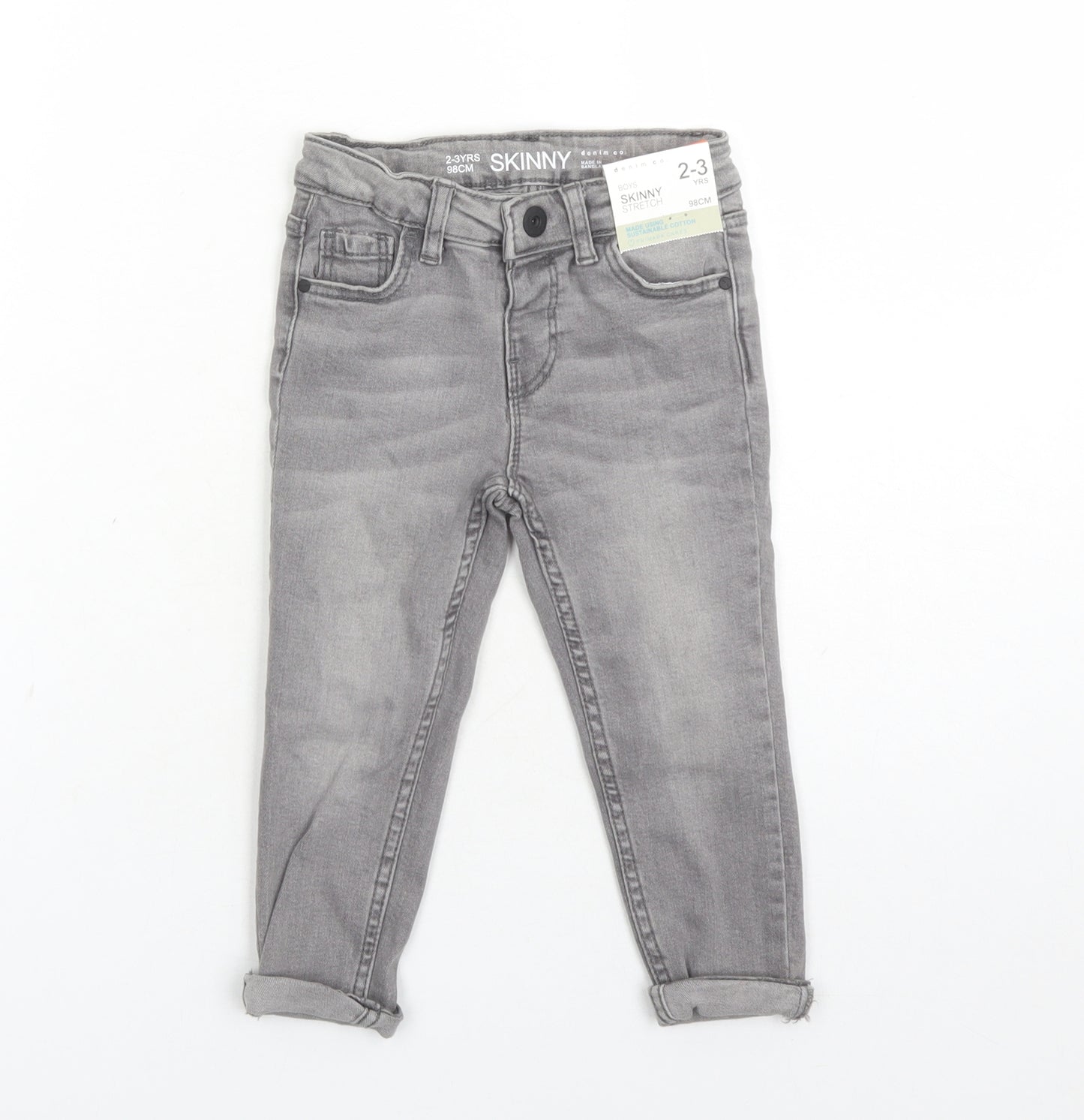 Denim & Co. Boys Grey Cotton Skinny Jeans Size 2-3 Years Regular Button - Elasticated Waist