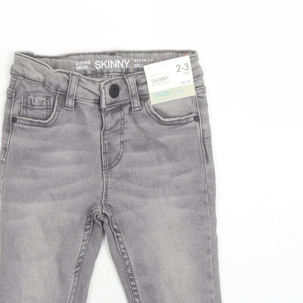 Denim & Co. Boys Grey Cotton Skinny Jeans Size 2-3 Years Regular Button - Elasticated Waist