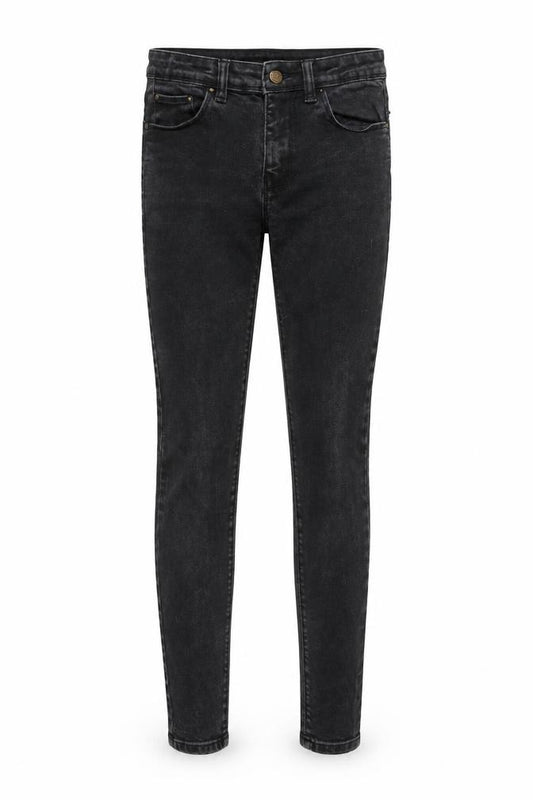 Front view of Denim & Co. women’s black cotton skinny jeans, size UK 10, 28-inch leg regular zip - pockets