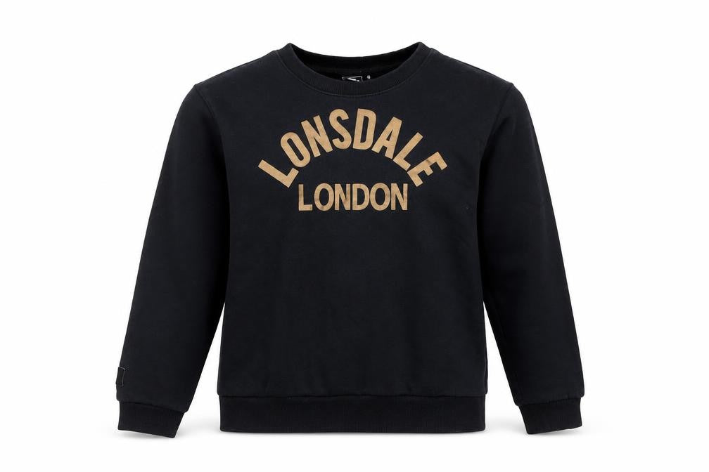 Front view of Lonsdale women’s black cotton pullover sweatshirt, size UK 8, pullover