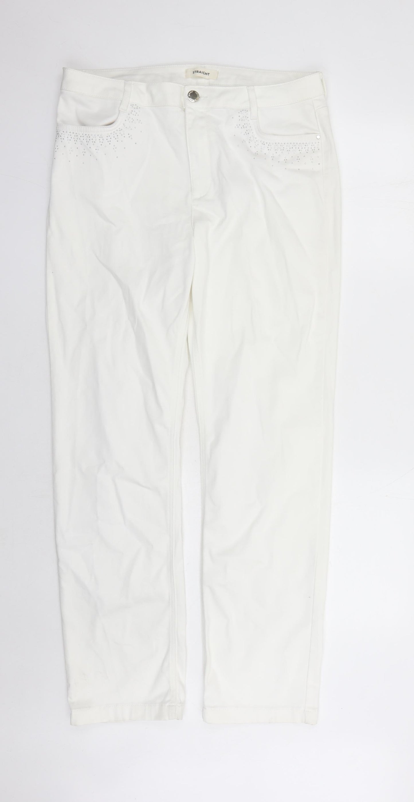 Marks and Spencer Womens White Cotton Straight Jeans Size 16 L31 in Regular Zip - Rhinestone Detail