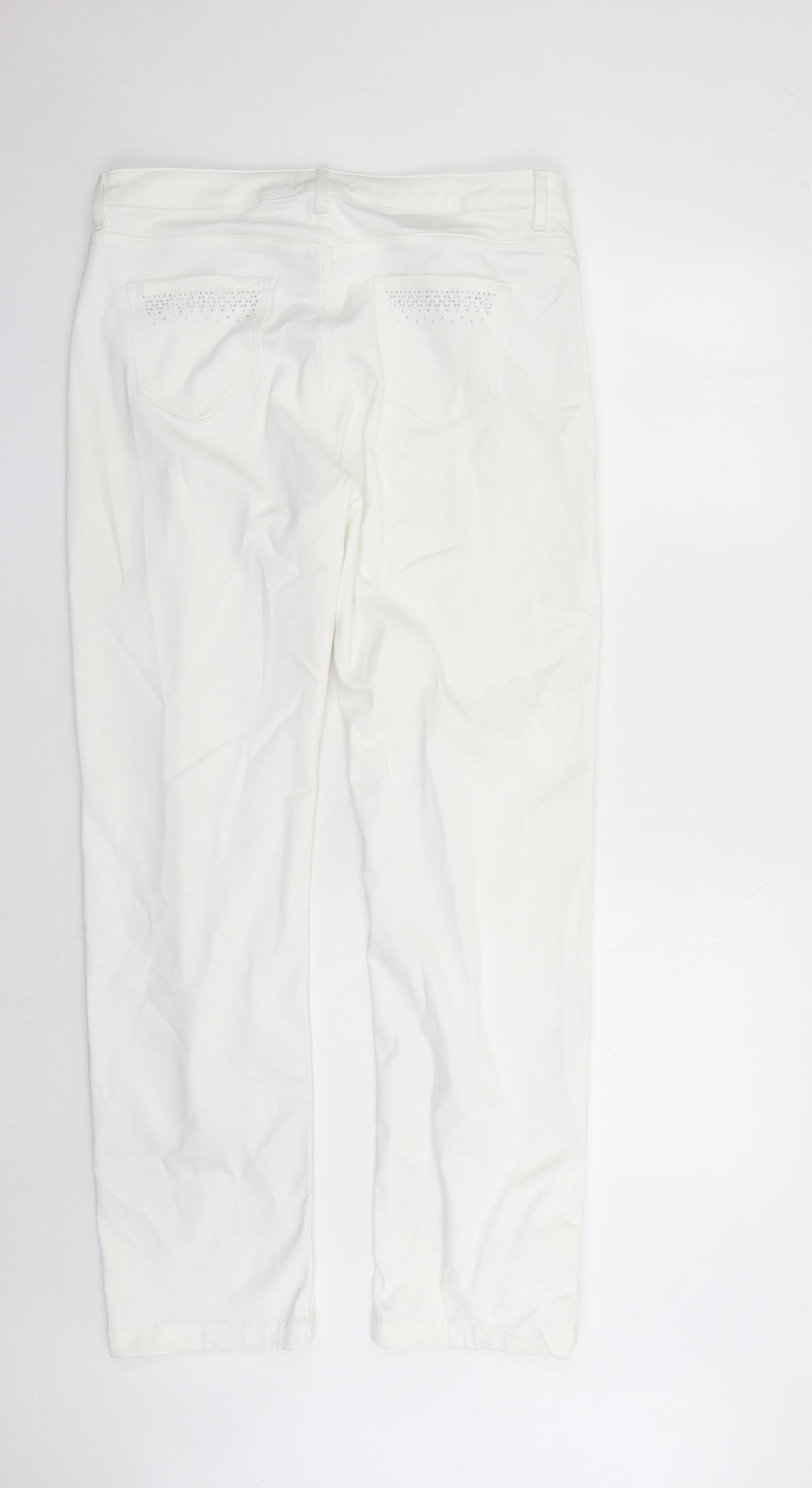 Marks and Spencer Womens White Cotton Straight Jeans Size 16 L31 in Regular Zip - Rhinestone Detail