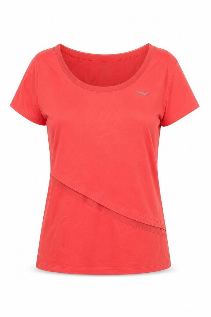 Front view of Reebok women’s red cotton basic t-shirt, size M, round neck pullover