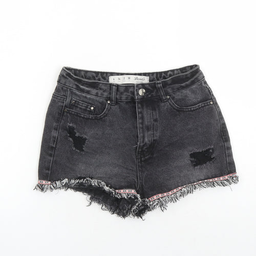 Denim & Co. Womens Black Cotton Cut-Off Shorts Size 6 L3 in Regular Zip - Embroidered Detail