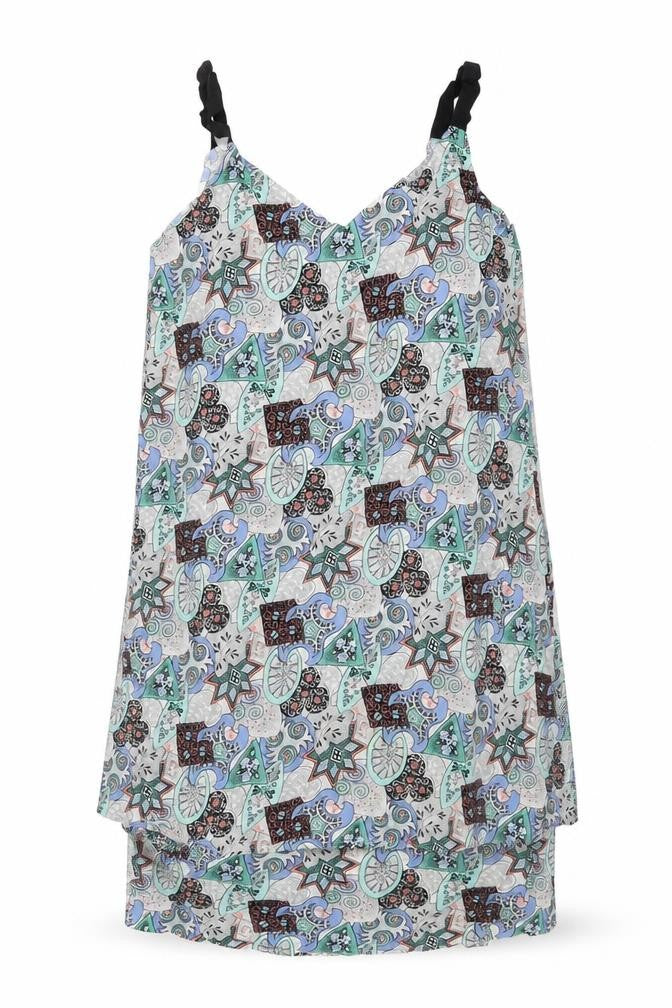 Front view of Warehouse women’s multicoloured geometric viscose a-line, size UK 12, v-neck pullover