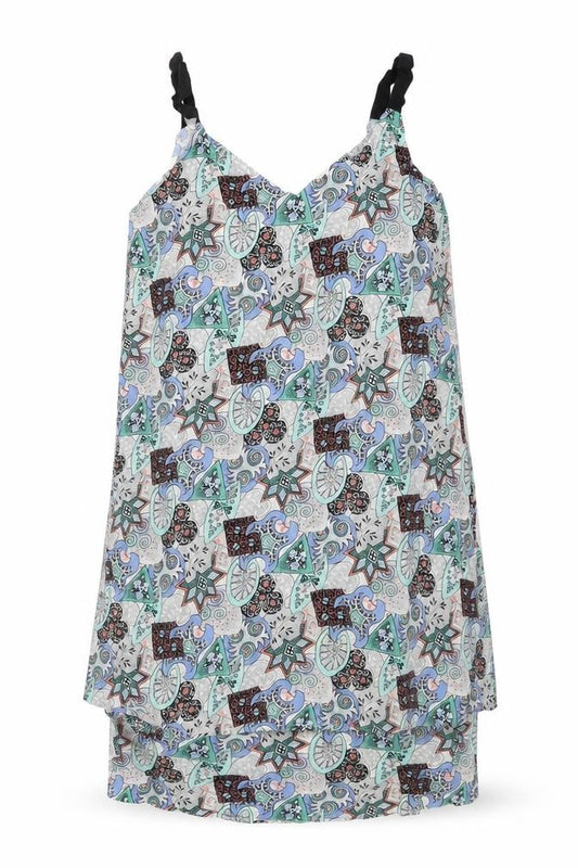 Front view of Warehouse women’s multicoloured geometric viscose a-line, size UK 12, v-neck pullover