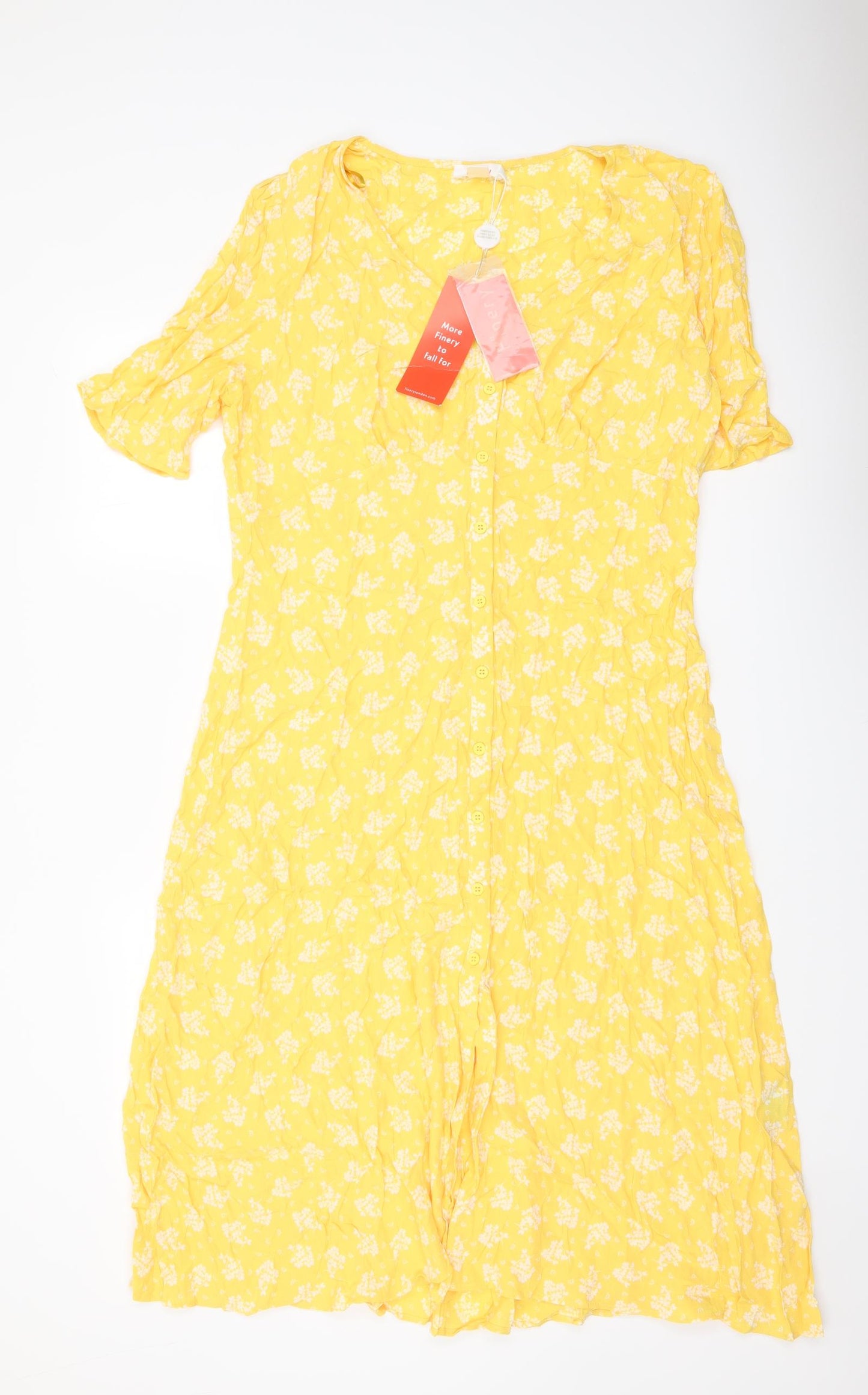 Finery Womens Yellow Floral Viscose A-Line Size 18 Round Neck Button