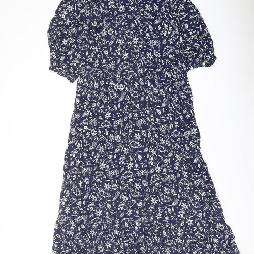 Finery Womens Blue Floral Viscose A-Line Size 14 Mock Neck Button