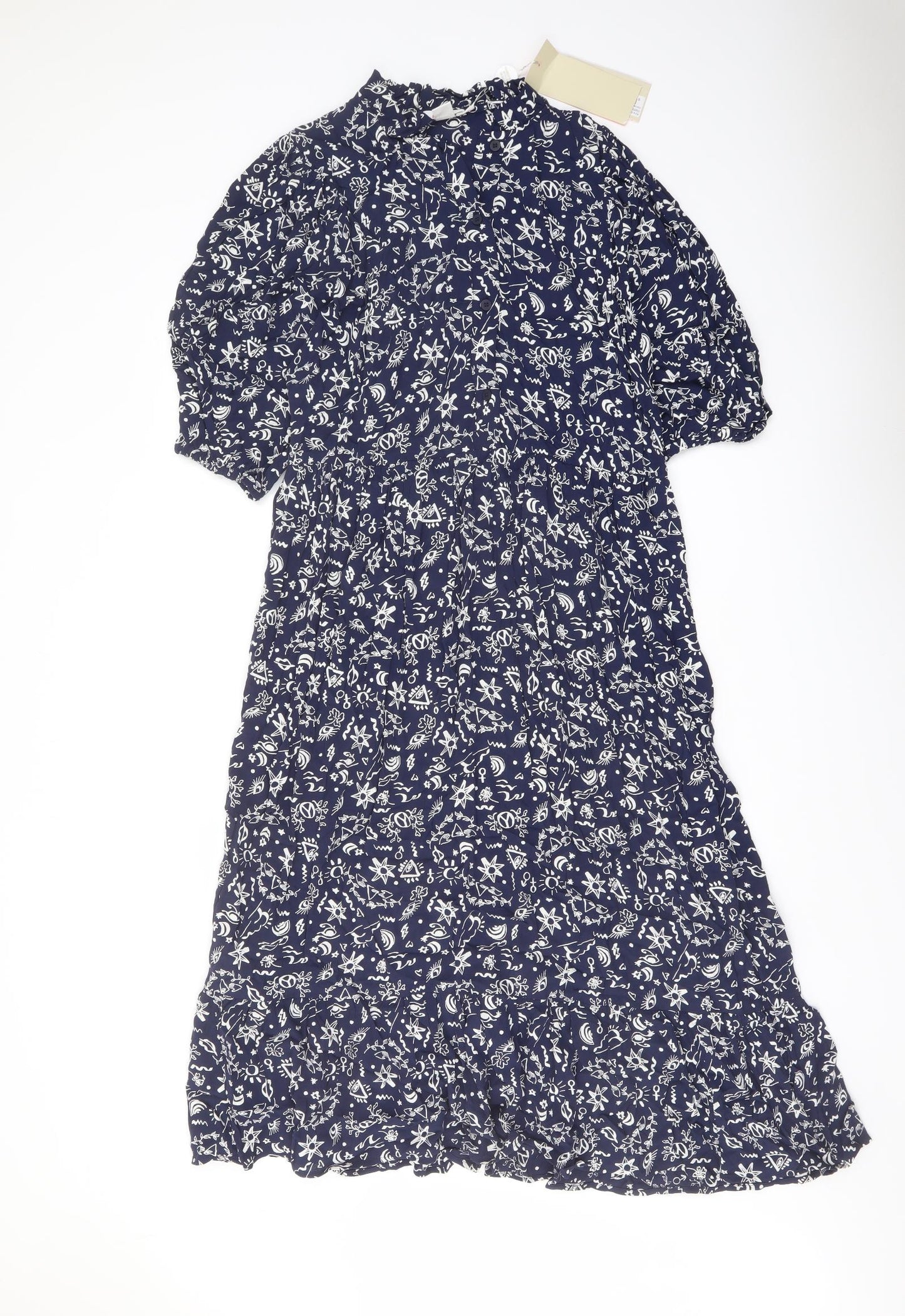 Finery Womens Blue Floral Viscose A-Line Size 14 Mock Neck Button
