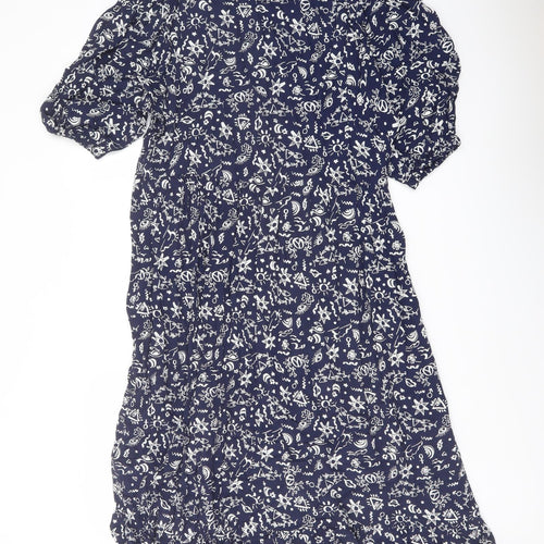 Finery Womens Blue Floral Viscose A-Line Size 14 Mock Neck Button