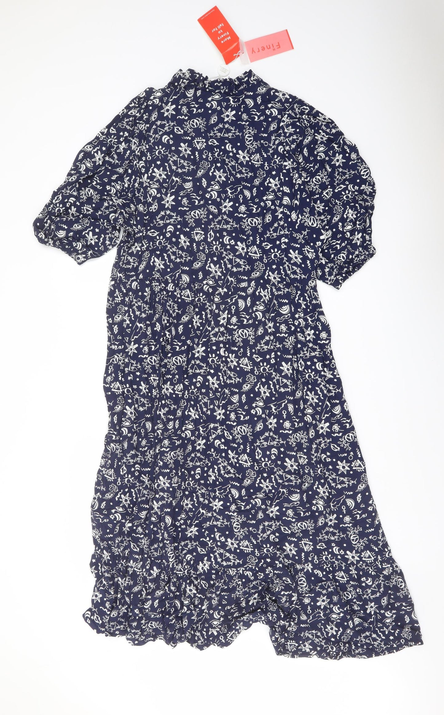 Finery Womens Blue Floral Viscose A-Line Size 14 Mock Neck Button