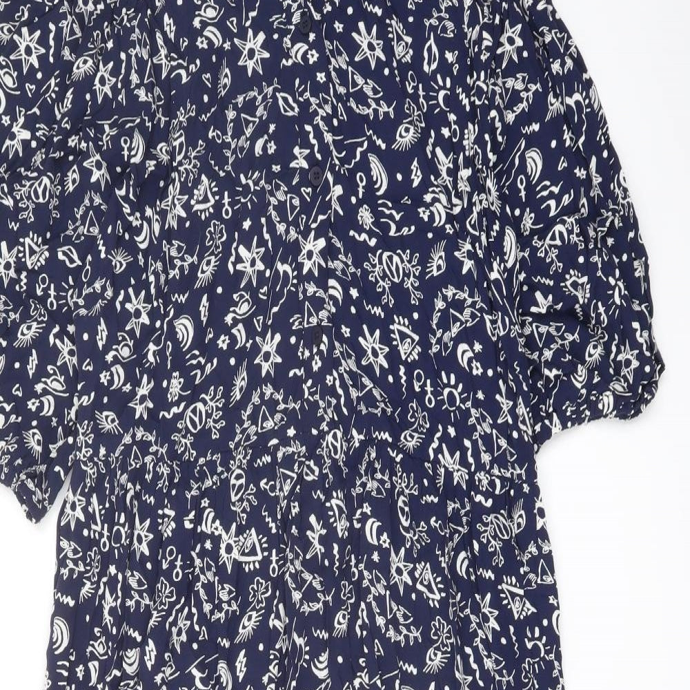 Finery Womens Blue Floral Viscose A-Line Size 14 Mock Neck Button