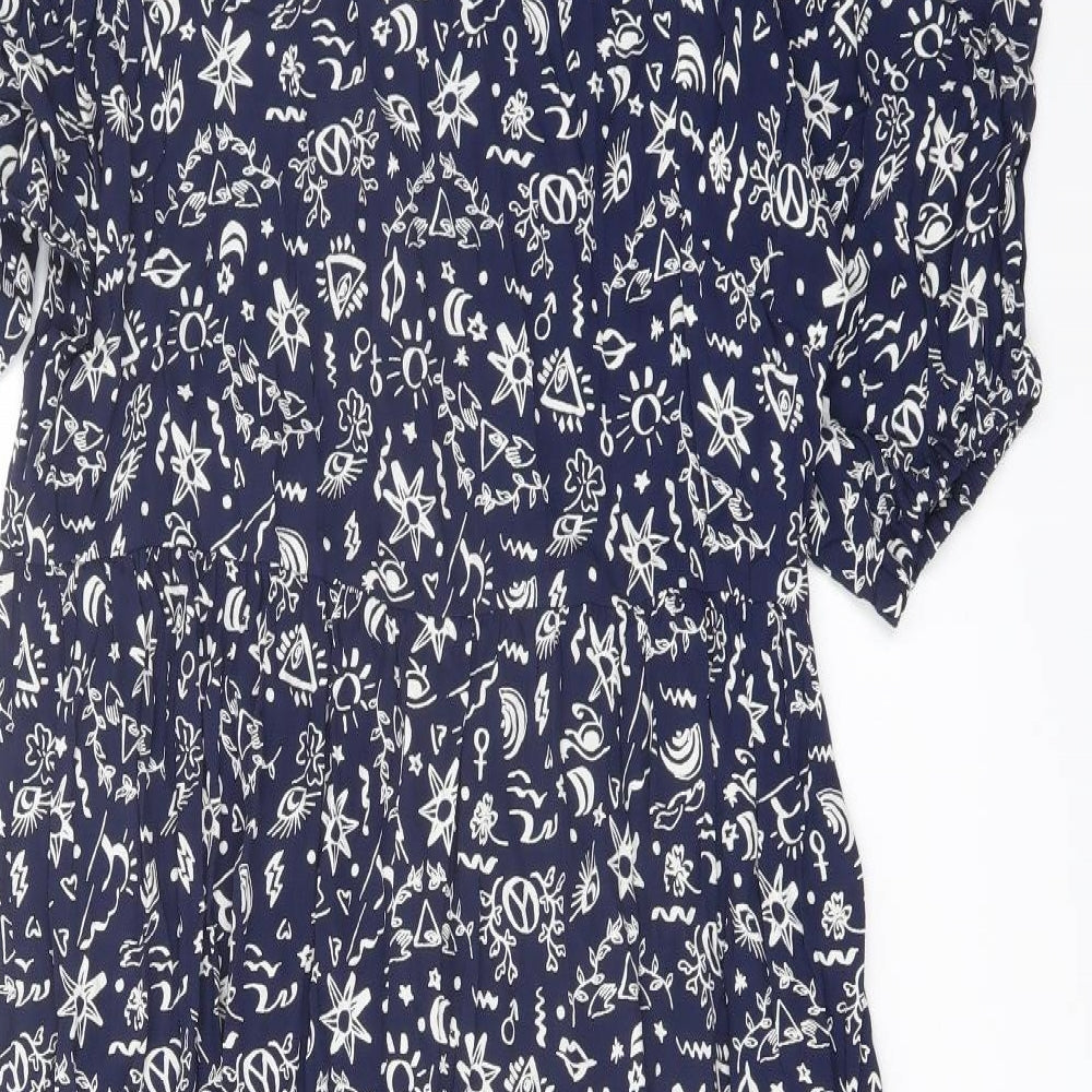 Finery Womens Blue Floral Viscose A-Line Size 14 Mock Neck Button