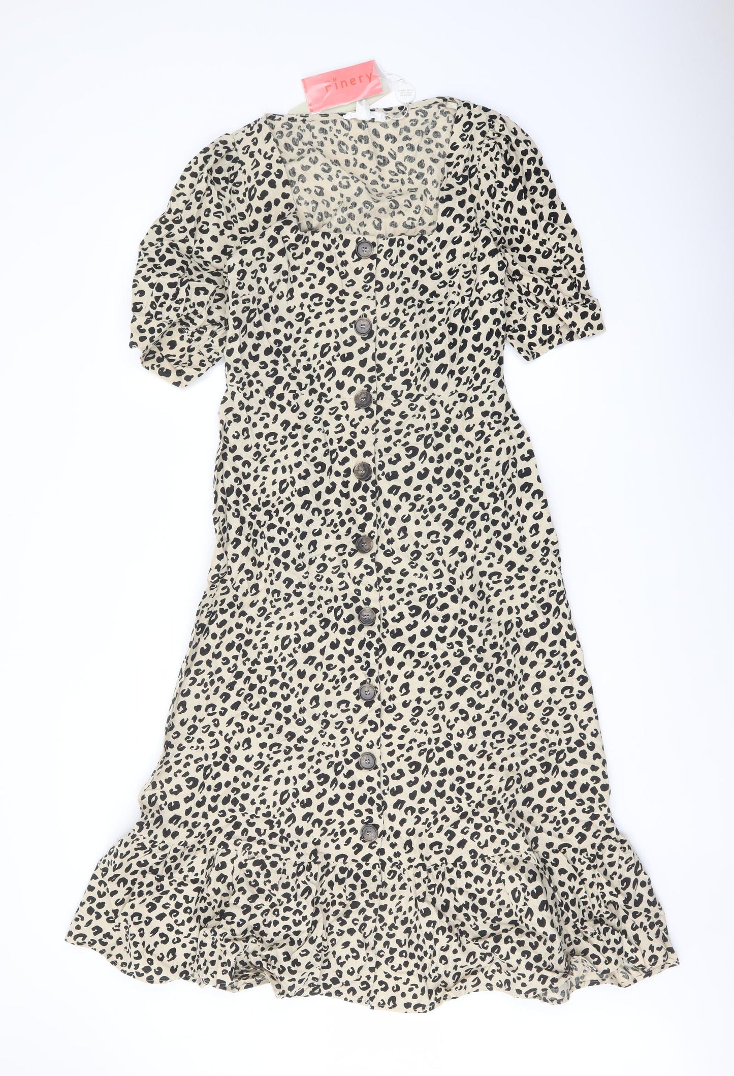 Finery Womens Beige Animal Print Cotton A-Line Size 12 Square Neck Button