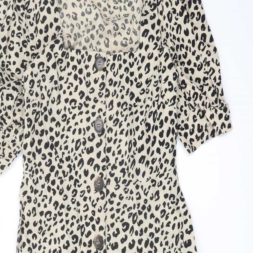 Finery Womens Beige Animal Print Cotton A-Line Size 12 Square Neck Button