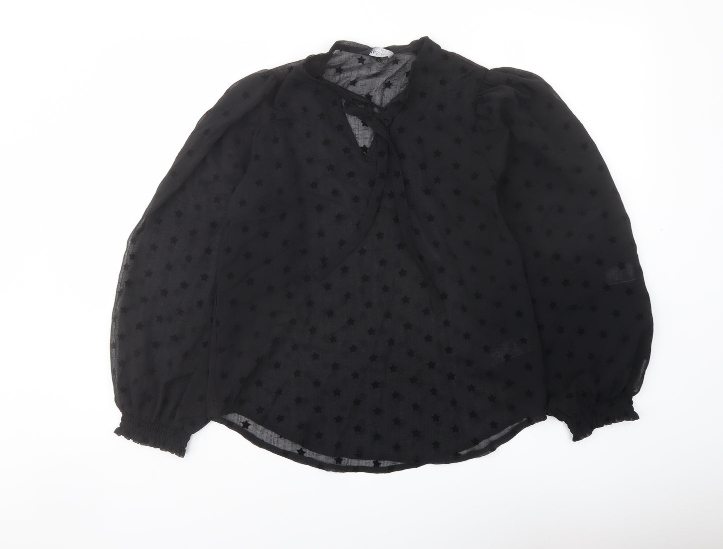 Marks and Spencer Womens Black Geometric Polyester Basic Blouse Size 8 Round Neck