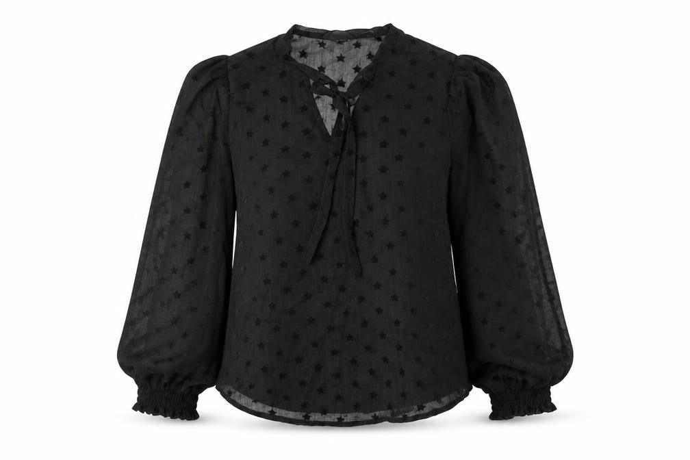 Front view of Marks & Spencer women’s black geometric polyester basic blouse, size UK 8, round neck