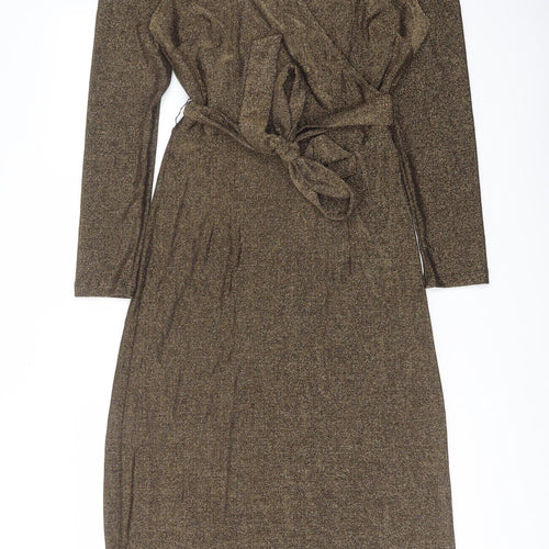 Marks and Spencer Womens Gold Polyamide Pencil Dress Size 8 V-Neck Pullover