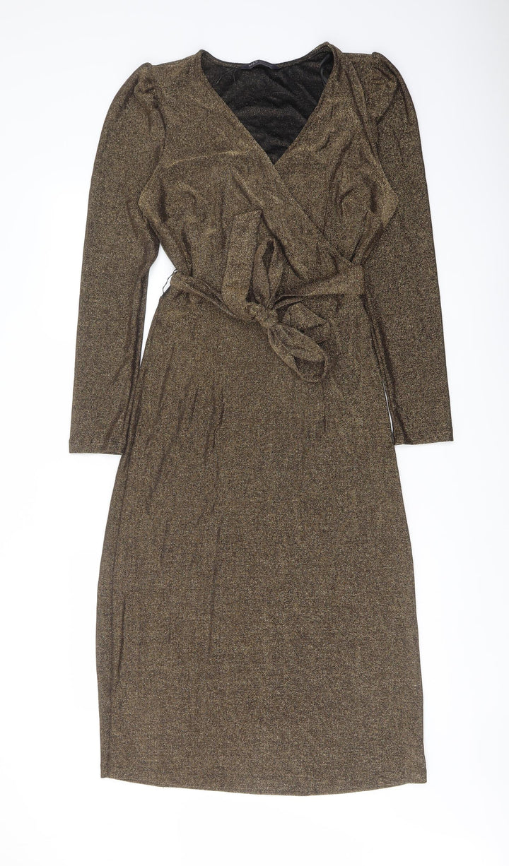 Marks and Spencer Womens Gold Polyamide Pencil Dress Size 8 V-Neck Pullover