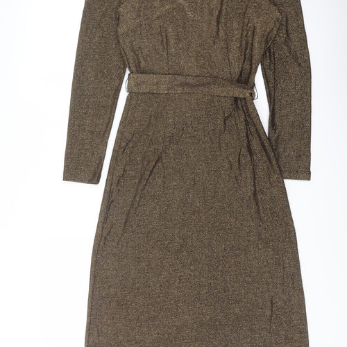 Marks and Spencer Womens Gold Polyamide Pencil Dress Size 8 V-Neck Pullover