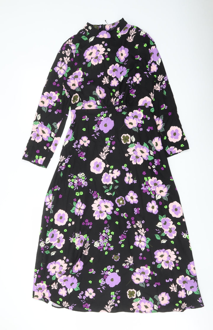 Marks and Spencer Womens Black Floral Polyester A-Line Size 8 Mock Neck Zip