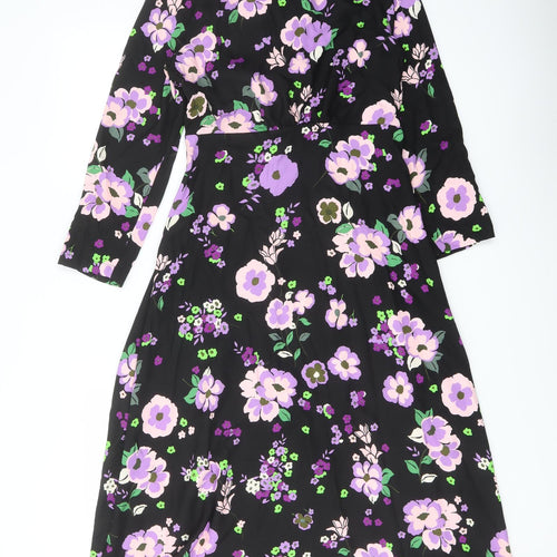 Marks and Spencer Womens Black Floral Polyester A-Line Size 8 Mock Neck Zip