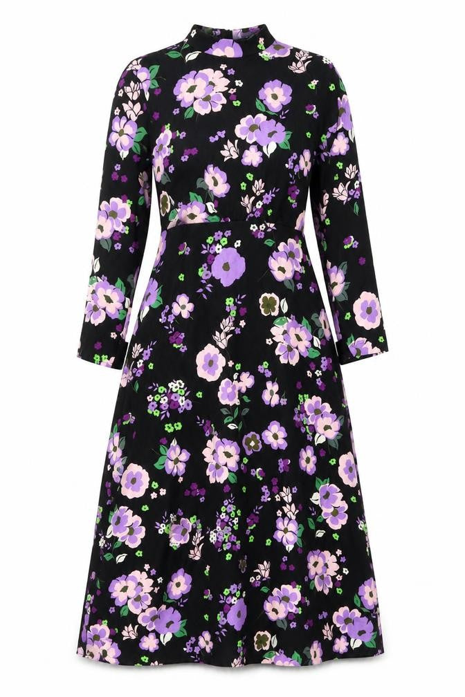Marks and Spencer Womens Black Floral Polyester A-Line Size 8 Mock Neck Zip