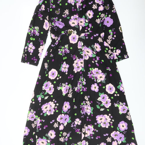 Marks and Spencer Womens Black Floral Polyester A-Line Size 8 Mock Neck Zip