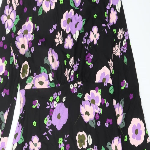 Marks and Spencer Womens Black Floral Polyester A-Line Size 8 Mock Neck Zip