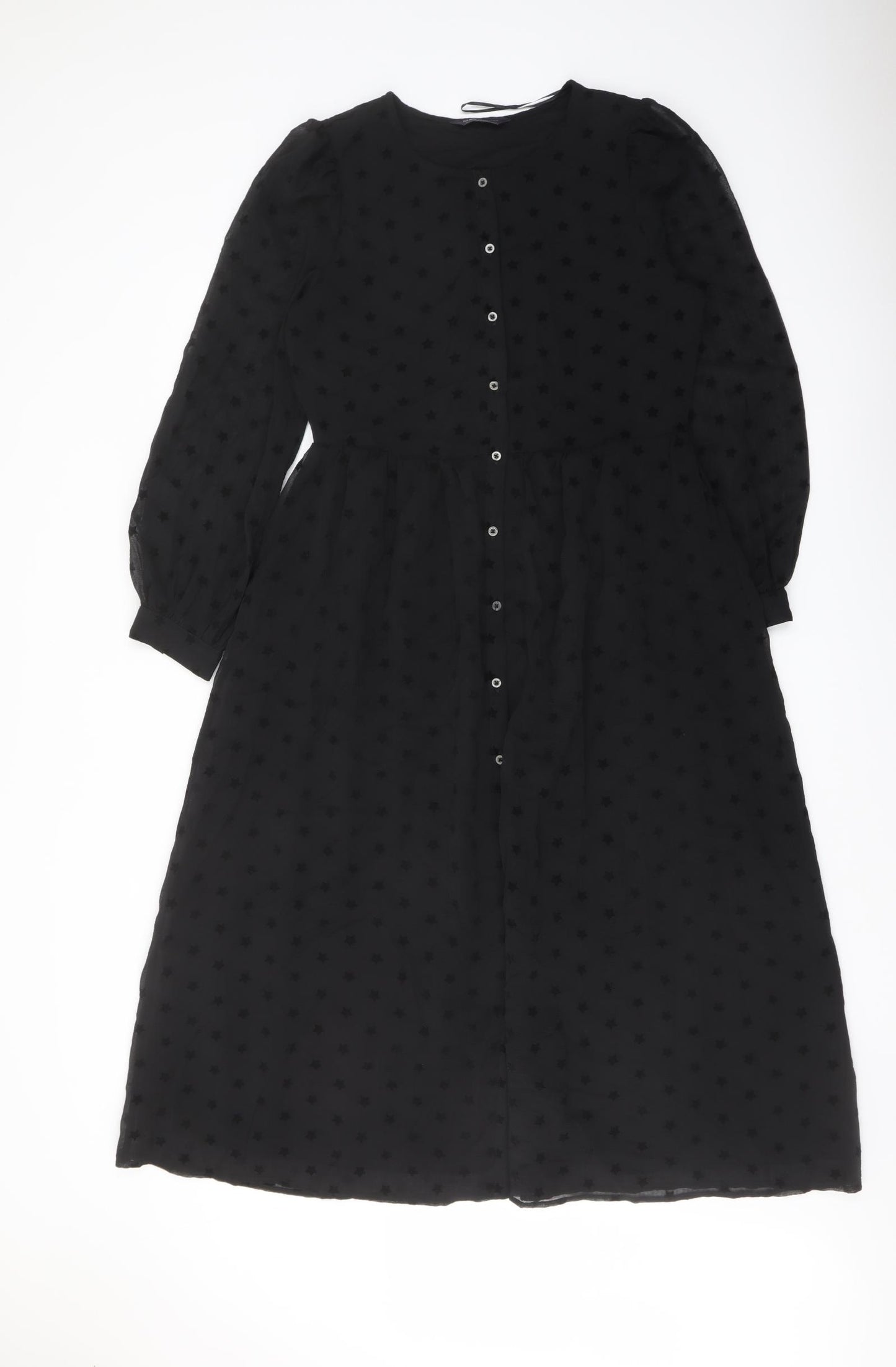 Marks and Spencer Womens Black Geometric Polyester A-Line Size 8 Round Neck Button