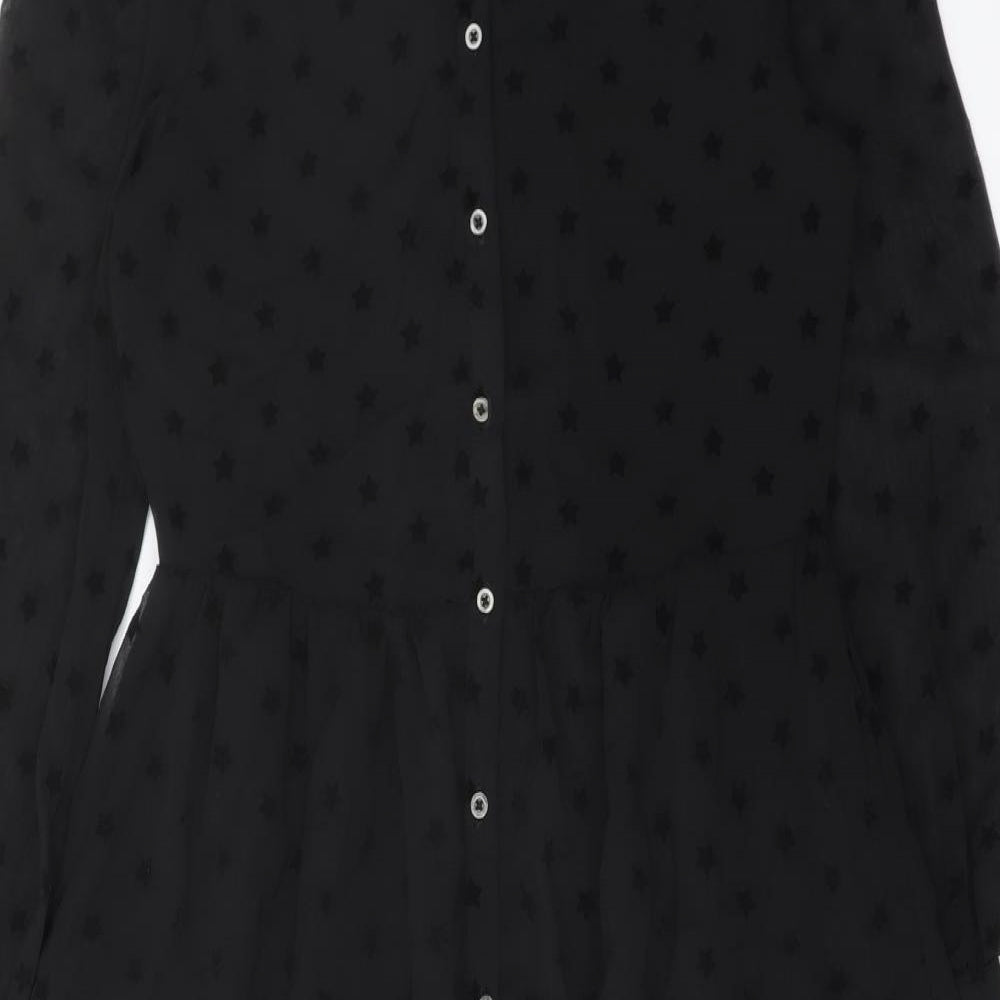 Marks and Spencer Womens Black Geometric Polyester A-Line Size 8 Round Neck Button
