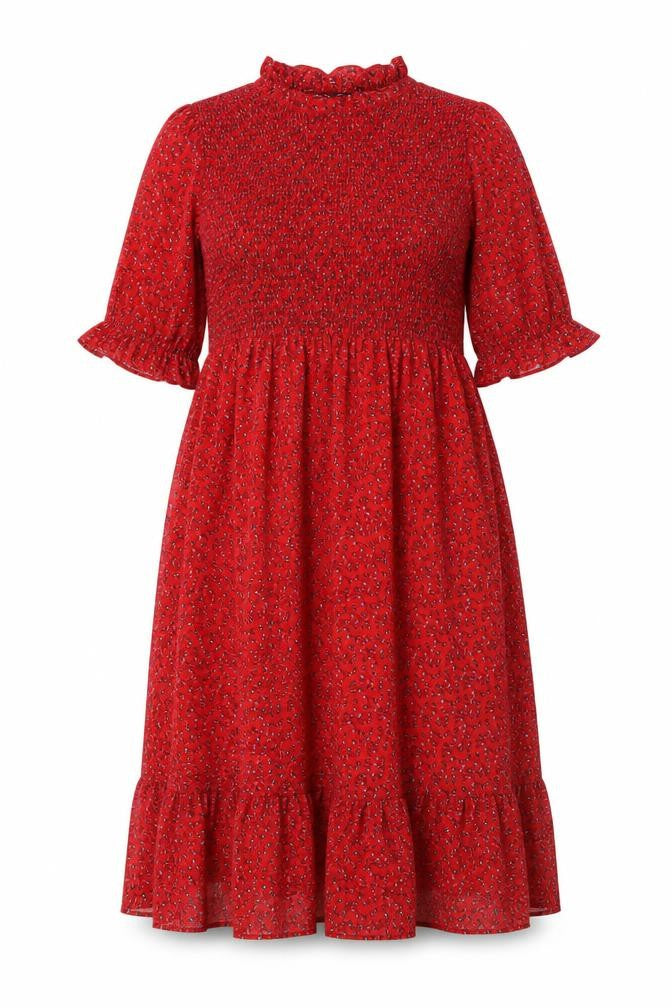 Front view of Finery women’s red floral polyester a-line, size UK 16, mock neck pullover