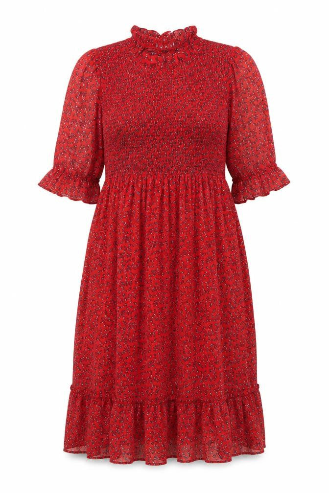 Front view of Finery women’s red floral polyester a-line, size UK 18, mock neck pullover