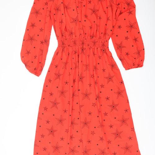 Marks and Spencer Womens Red Geometric Polyester A-Line Size 8 V-Neck Button