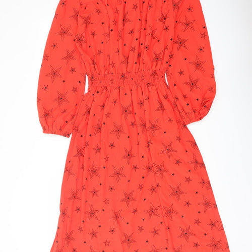 Marks and Spencer Womens Red Geometric Polyester A-Line Size 8 V-Neck Button
